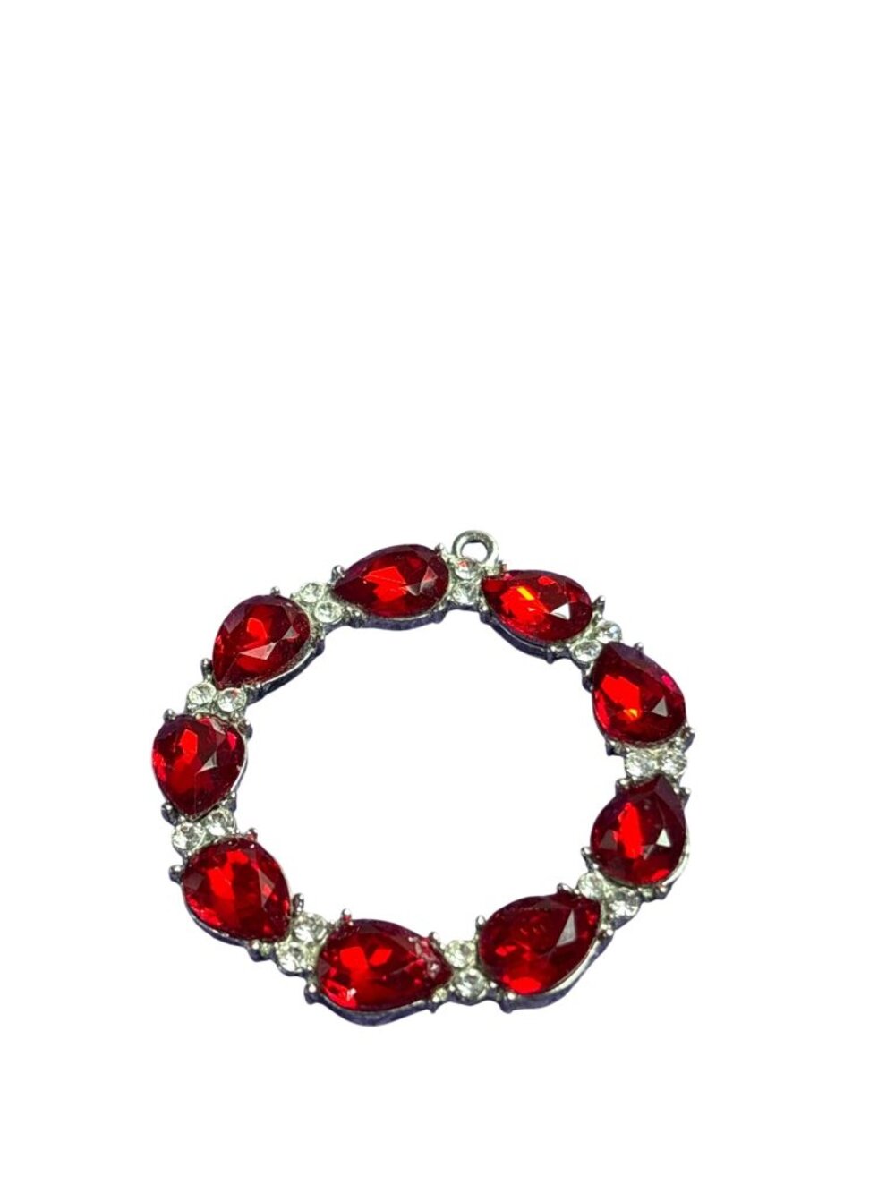 Circle Pendant Red Teardrop and Clear Rhinestones 1 5/8 inches